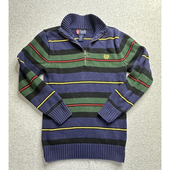 Chaps Sweater Boys XL Striped Blue Green Half Zip Pullover Crest Cotton Casual - Picture 1 of 11